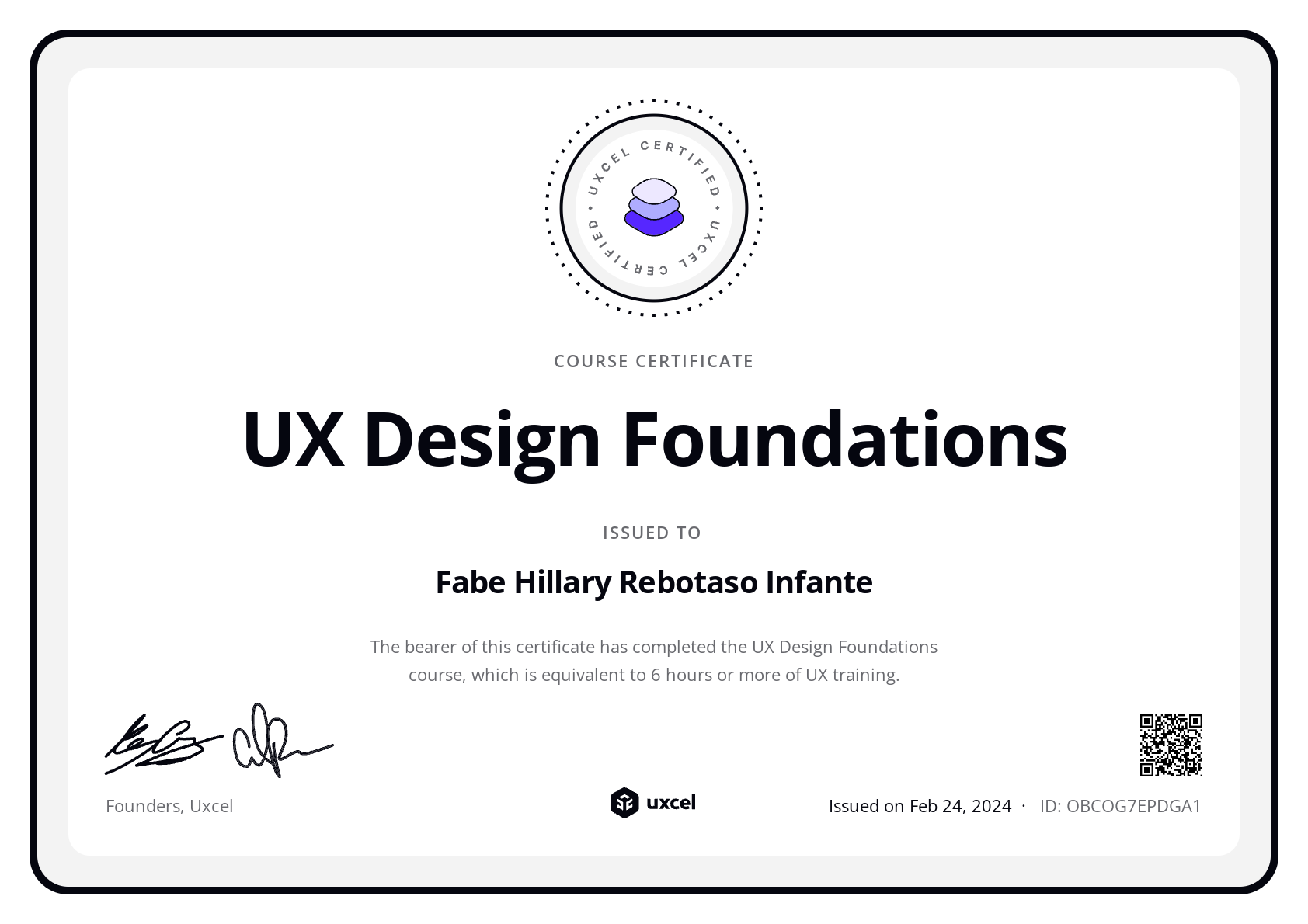 Fabe Hillary Rebotaso Infante's certificate
